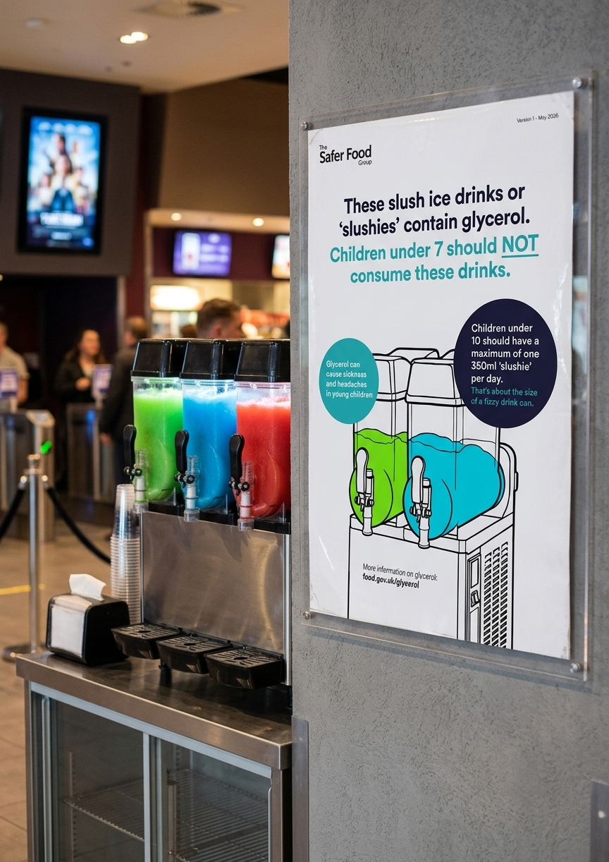 Laminated glycerol warning poster mounted beside a twin-tank slush machine at a service counter.
